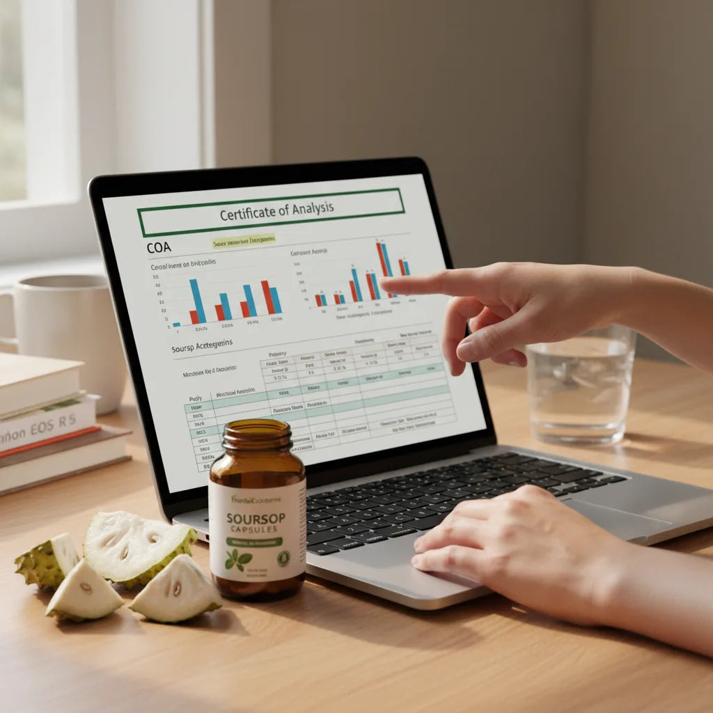 Examining soursop capsule report with laptop