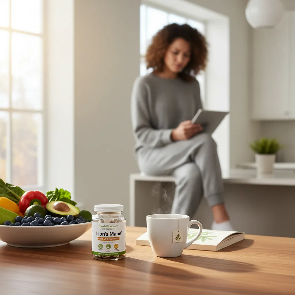 Natural kitchen scene with lion’s mane supplement