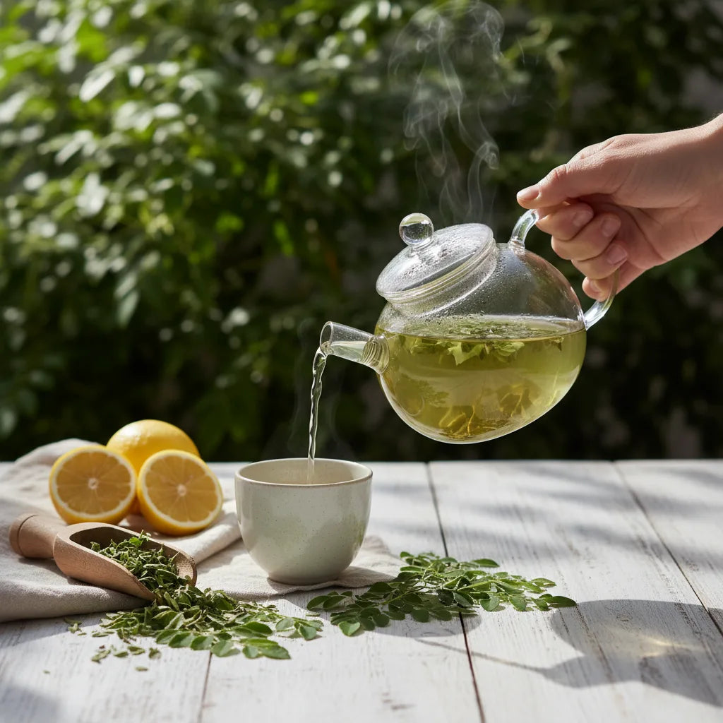 Pouring moringa tea on sunlit breakfast table