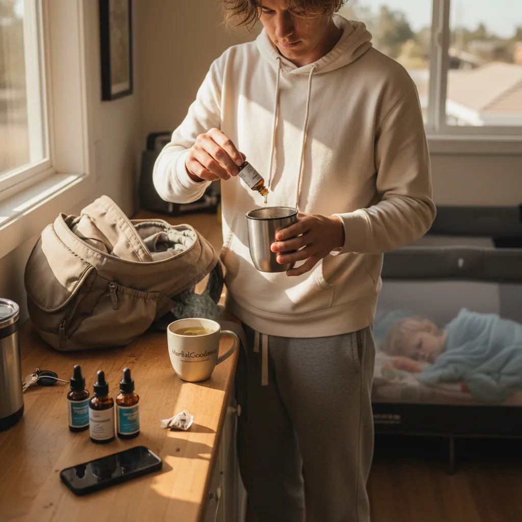 Parent adds herbal drops to morning tea