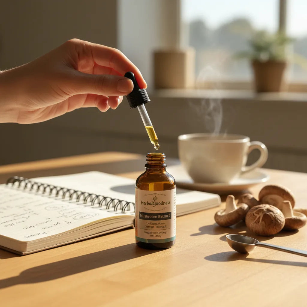 Hand reads mushroom extract label at home