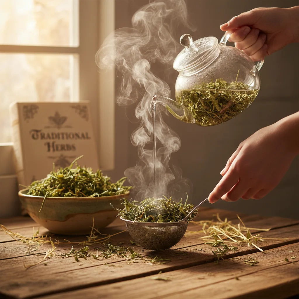 Hand pours tea over blessed thistle leaves
