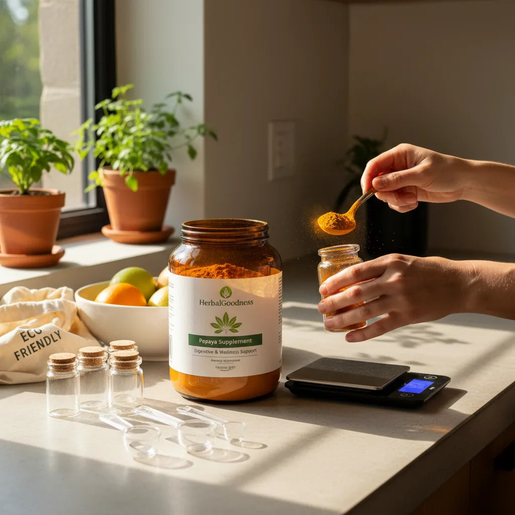 Portioning papaya supplement in bright kitchen