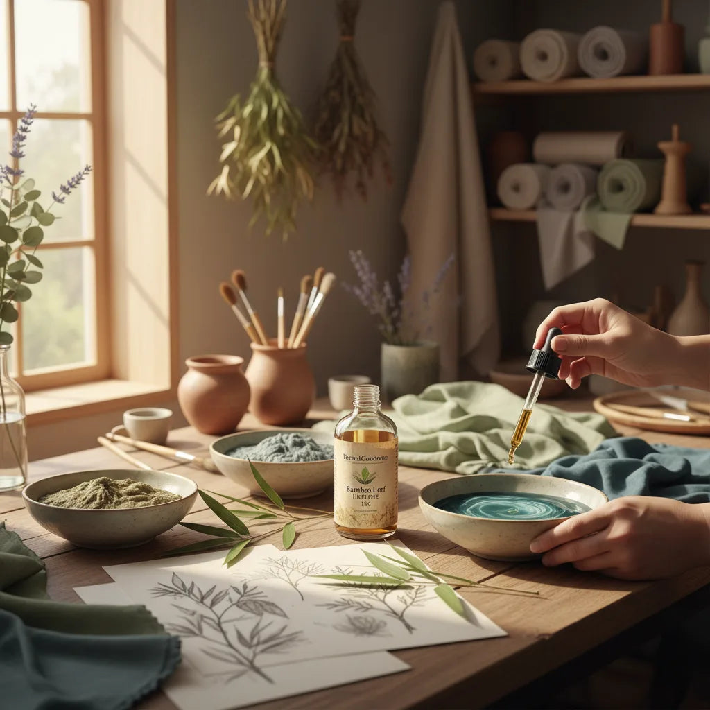 Bamboo tincture in artisan workspace natural light