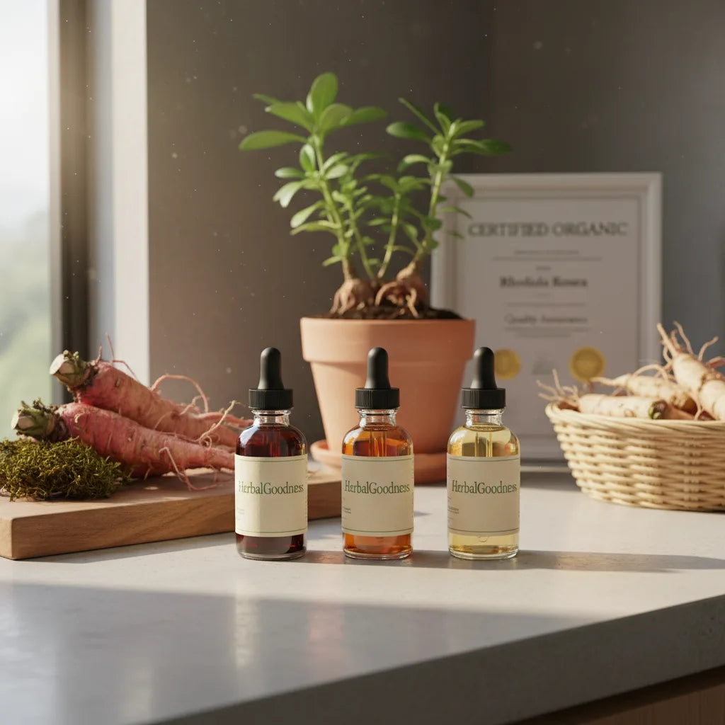 Three rhodiola tinctures with unique sourcing backgrounds