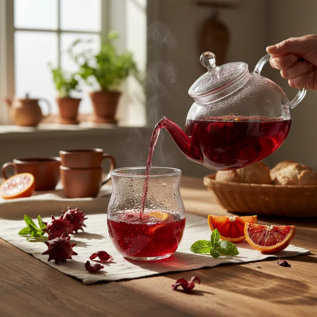 Pouring hibiscus tea into glass, sunlit kitchen