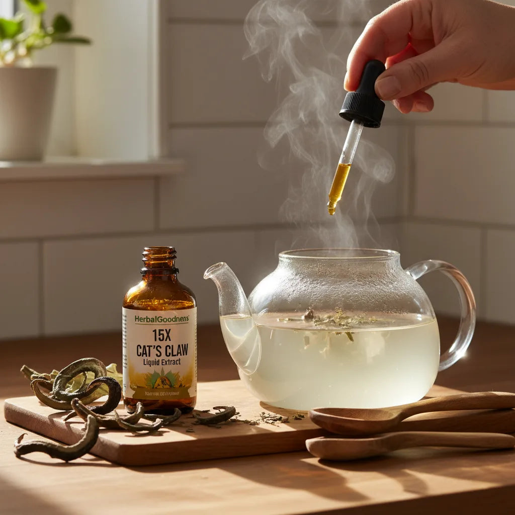 Dropping cat’s claw extract into teapot