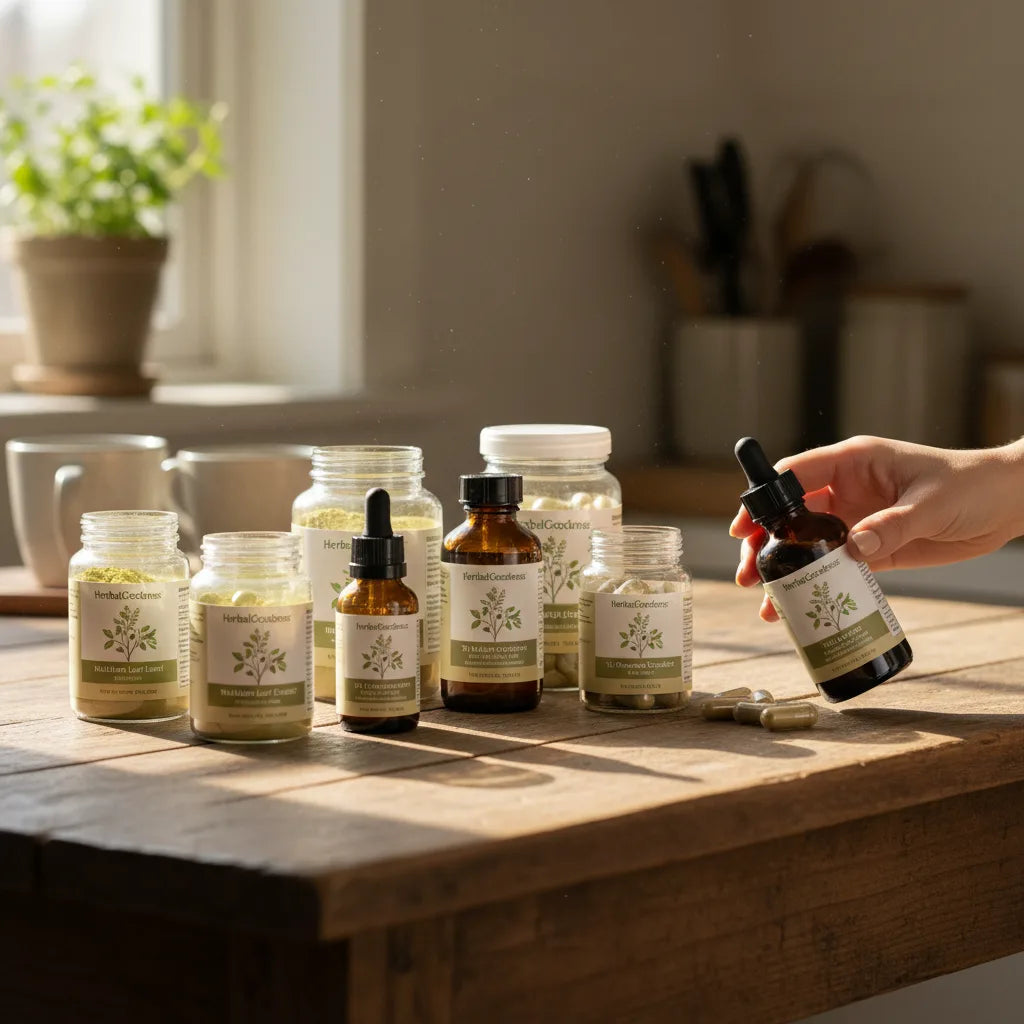 Inspecting mullein supplement bottles in sunlight