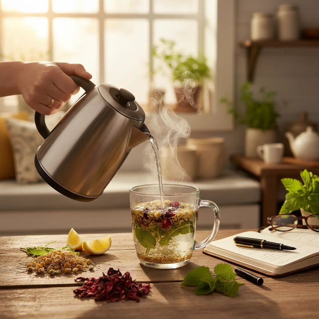 Herbal tea steeping with journal nearby
