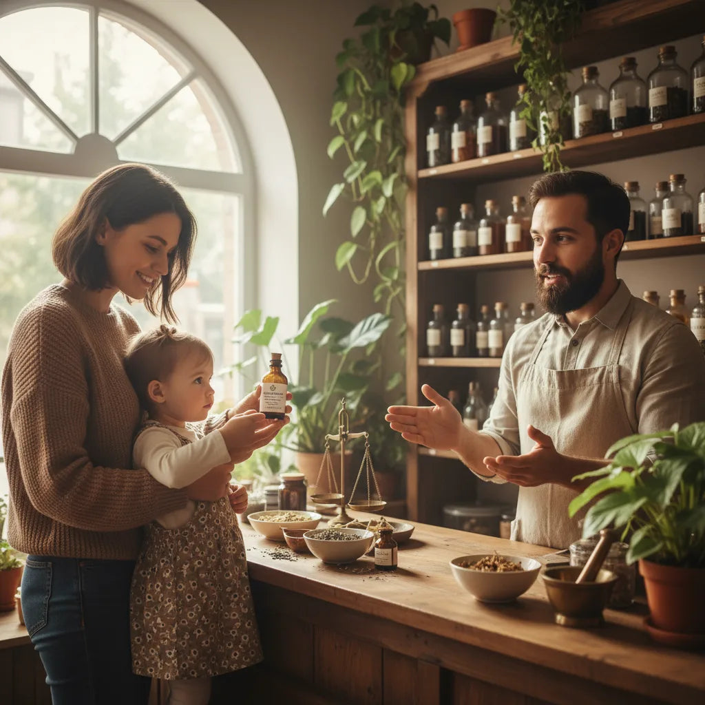Parent and child choose herbal drops together