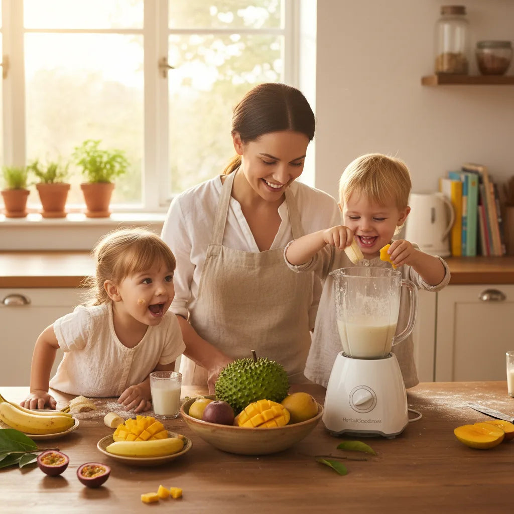 Family making smoothie with fresh graviola