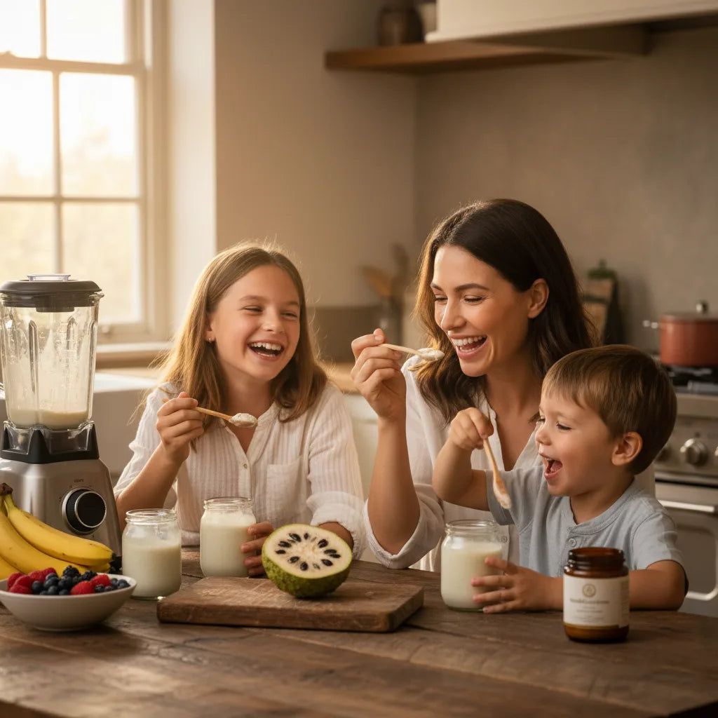 Kids tasting graviola smoothie with family