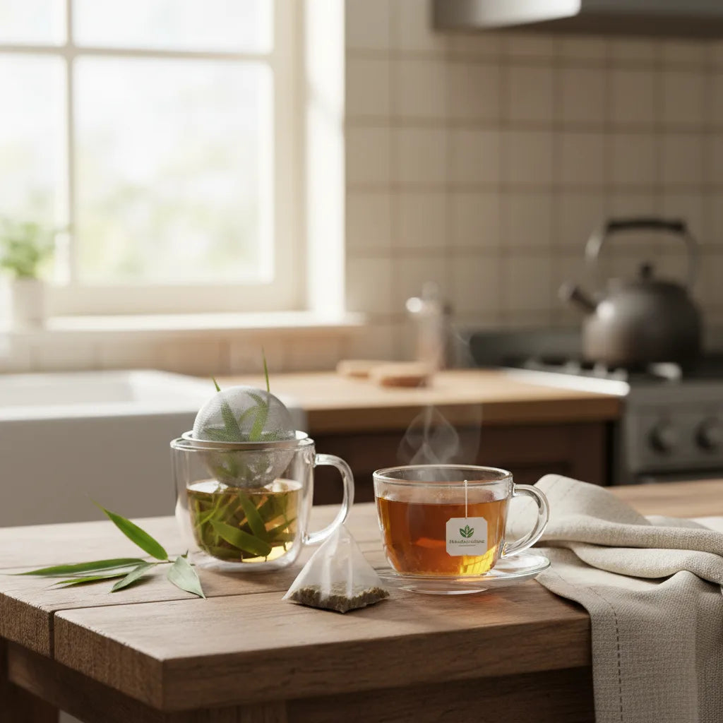 Bamboo leaf tea bag and loose-leaf comparison