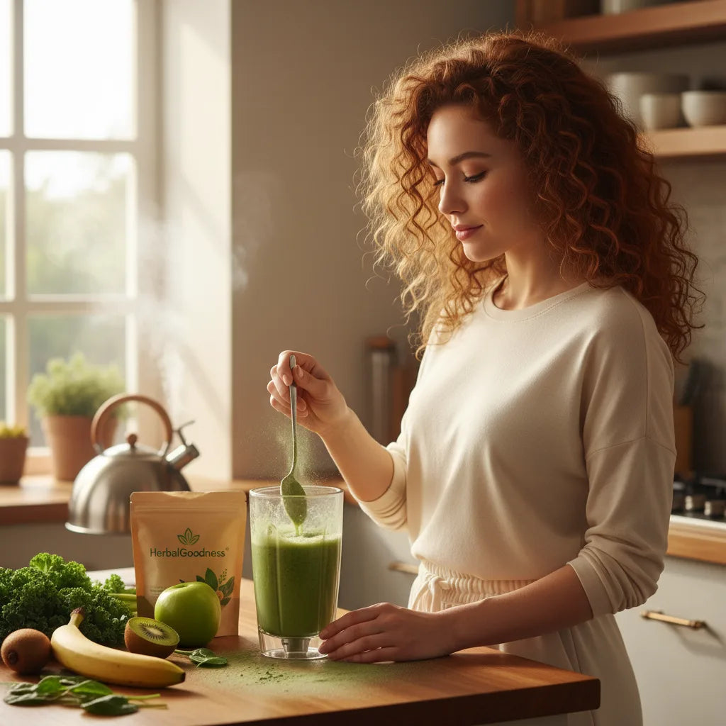 Woman stirs moringa into morning smoothie