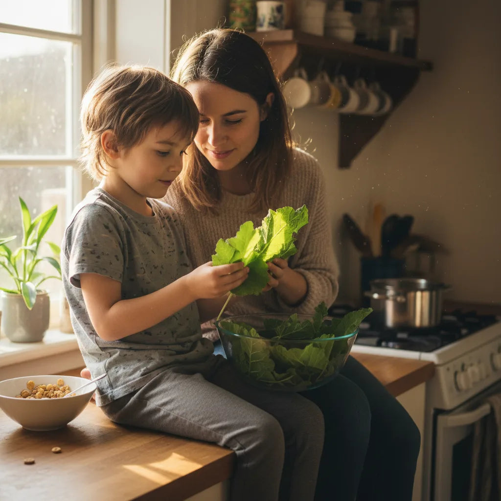 Mother and child exploring mullein leaves together