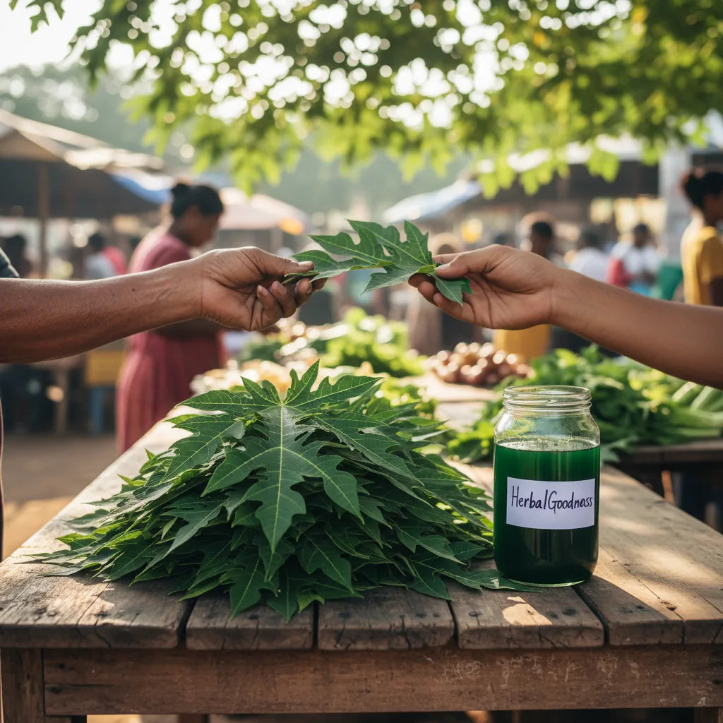 Papaya leaves and extract at marketplace table