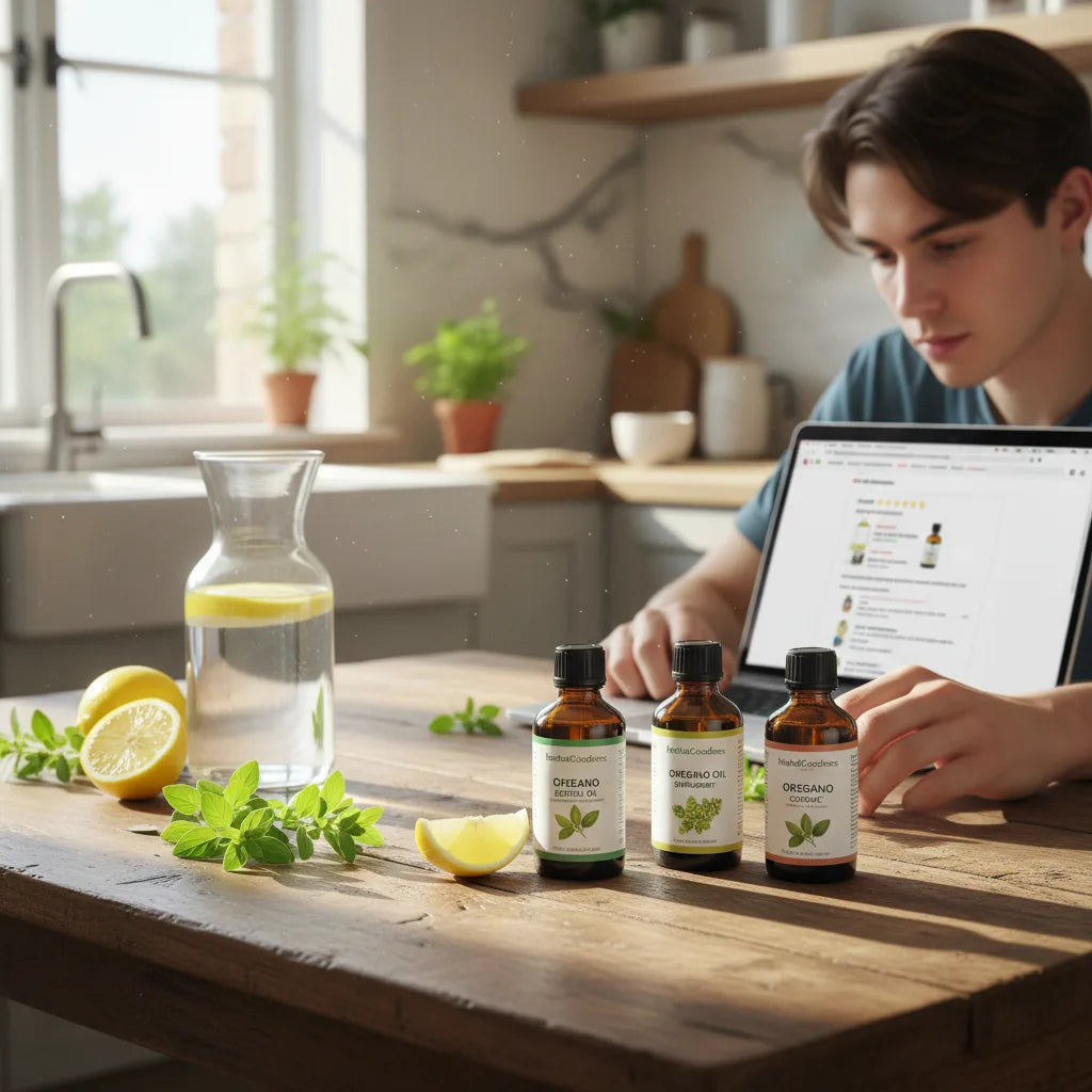 Oregano oil bottles with distinct labels in kitchen