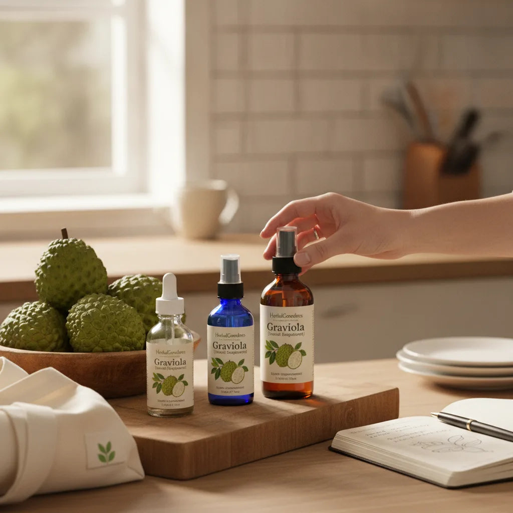 Hand choosing Graviola spray beside fruit bowl