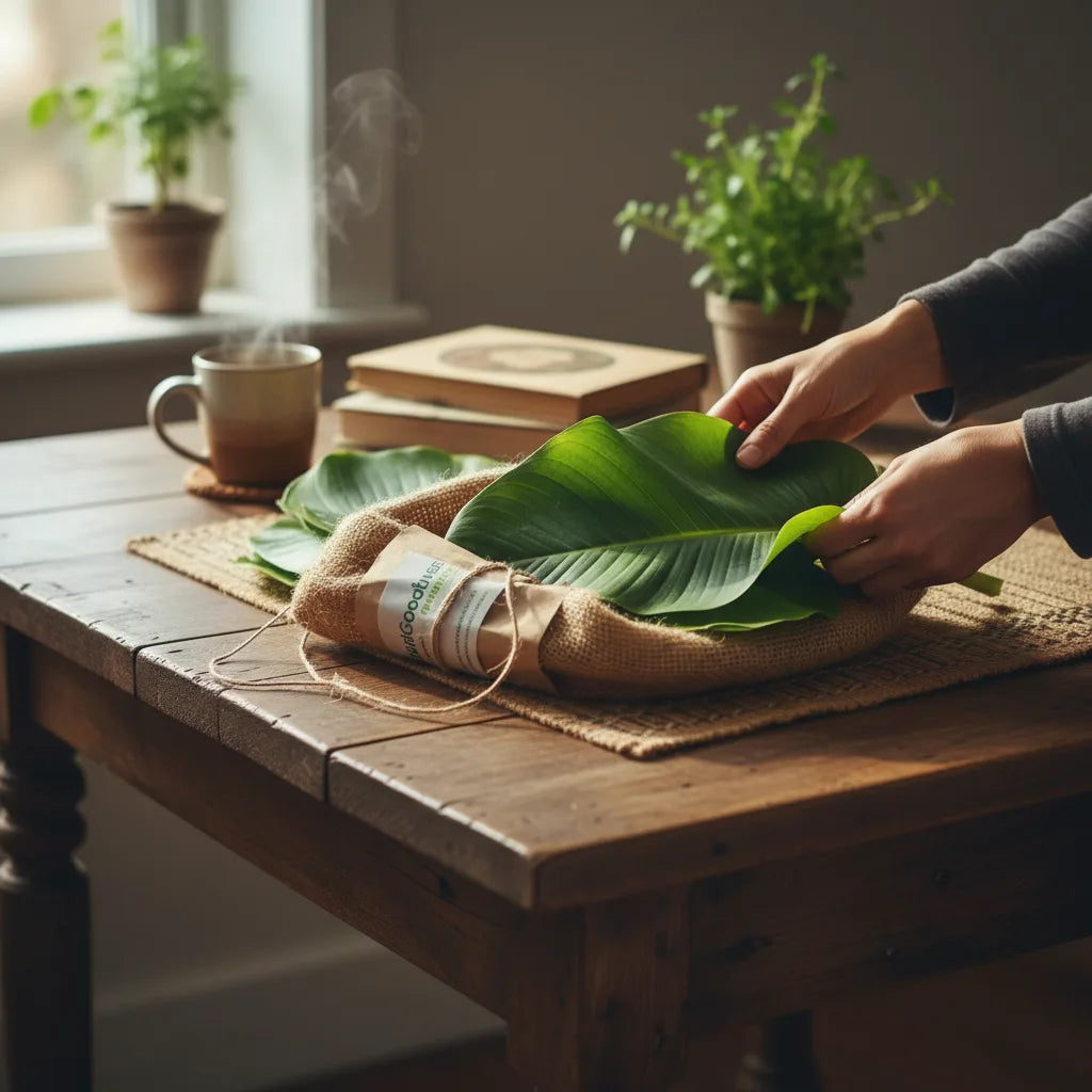 Unboxing fresh plantain leaves at home
