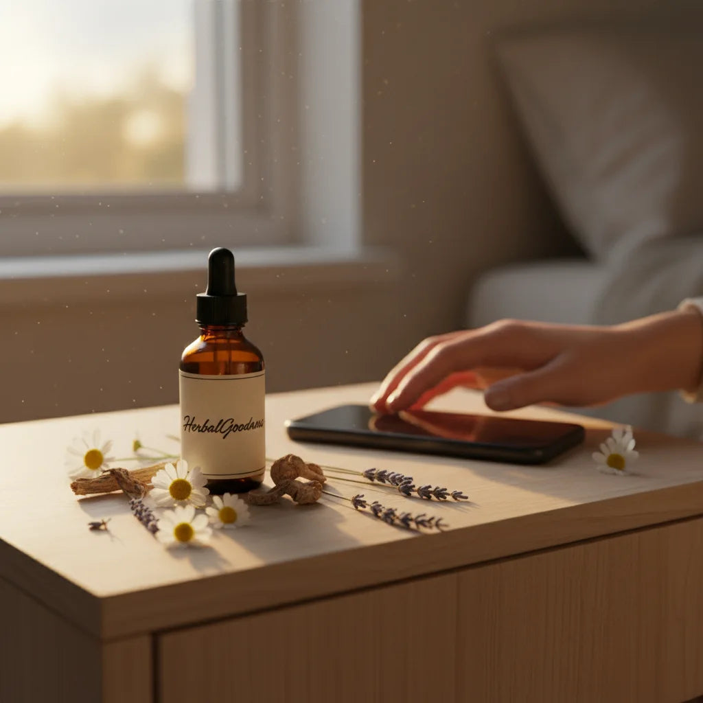 Natural sleep tincture nightstand and calming herbs