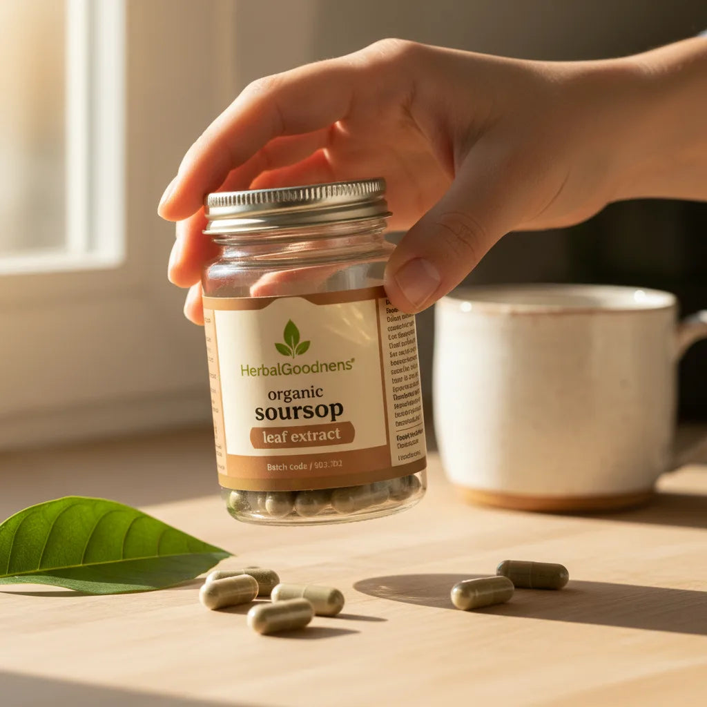 Hand checks HerbalGoodness capsule label for dates