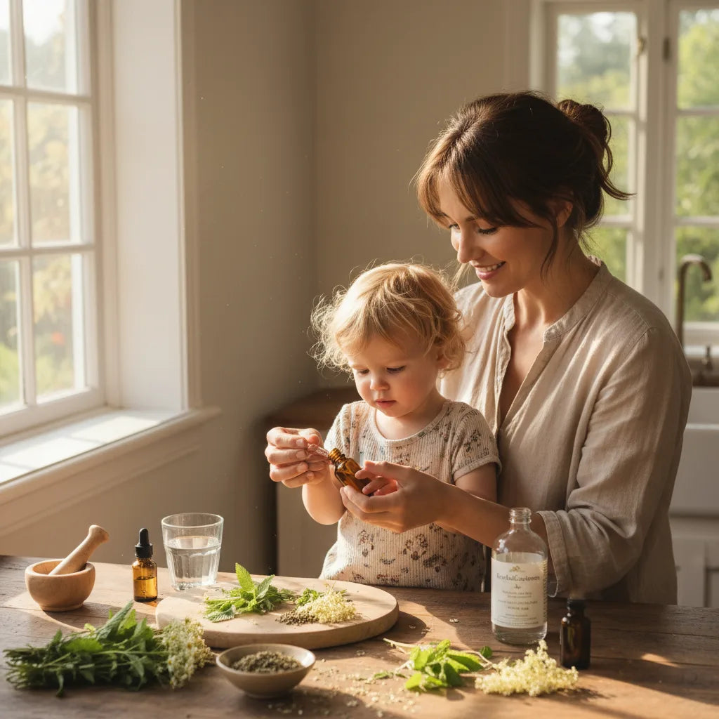 Mother and child exploring herbal tinctures together