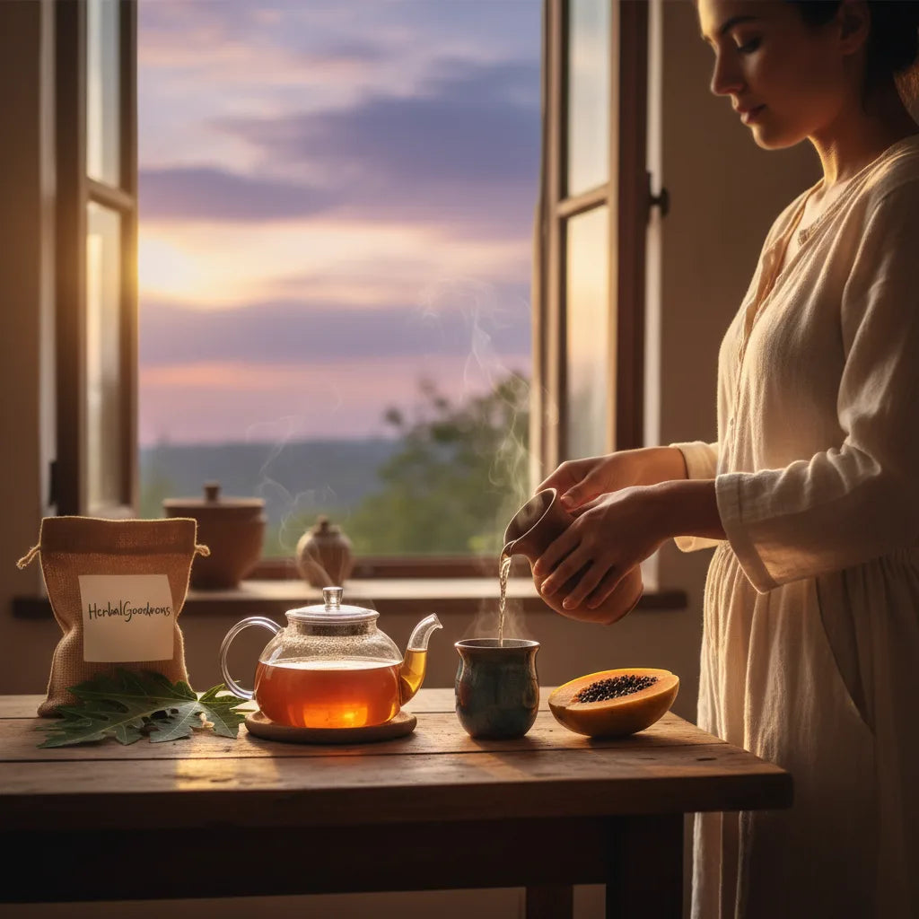 Pouring papaya leaf tea on cozy evening