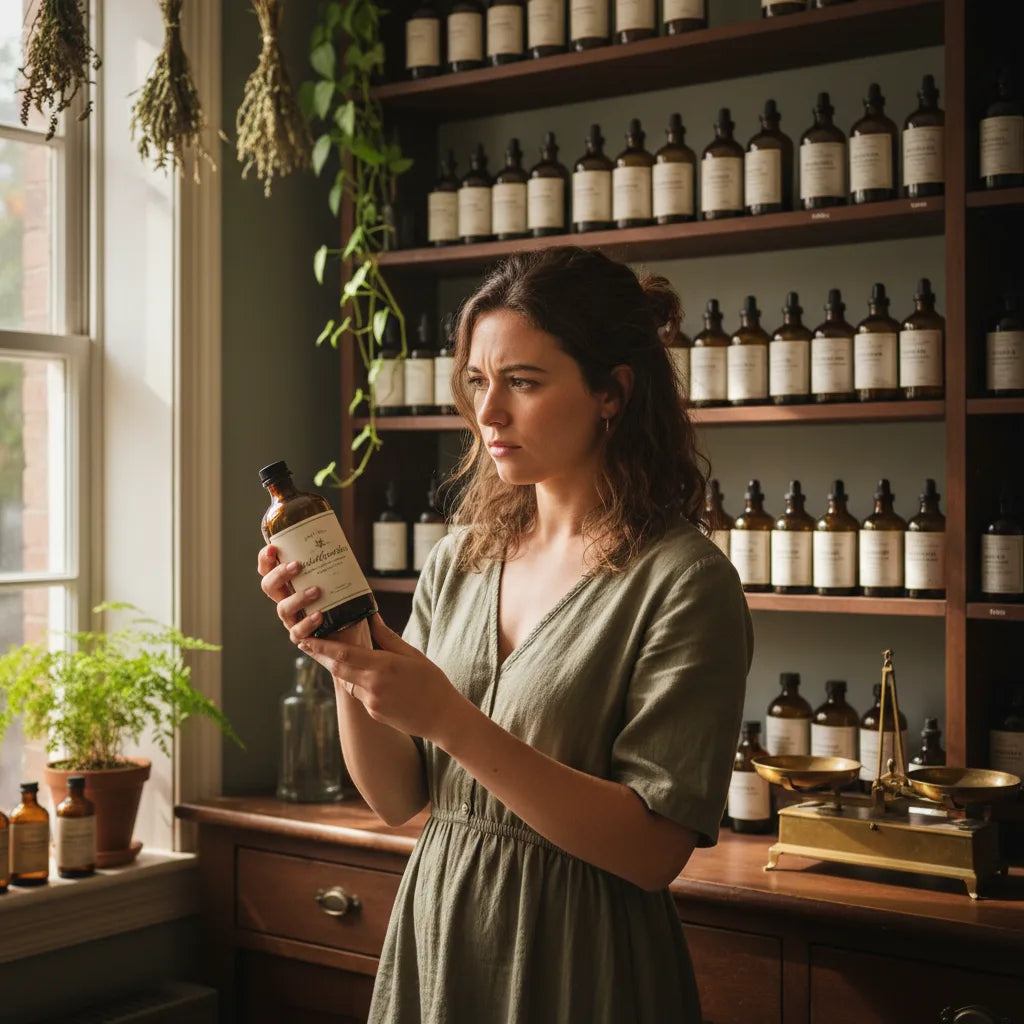 Woman reading supplement label in natural shop