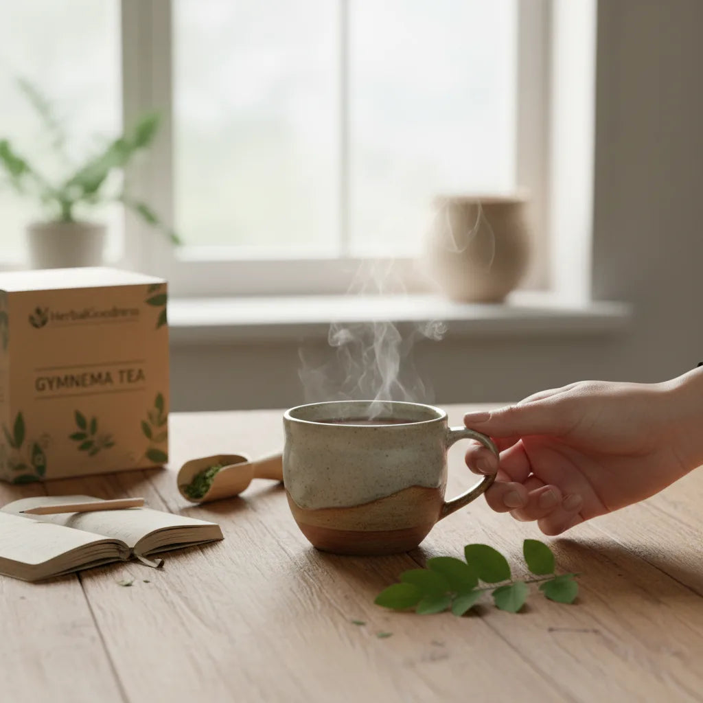 Hand reaches for freshly brewed gymnema tea