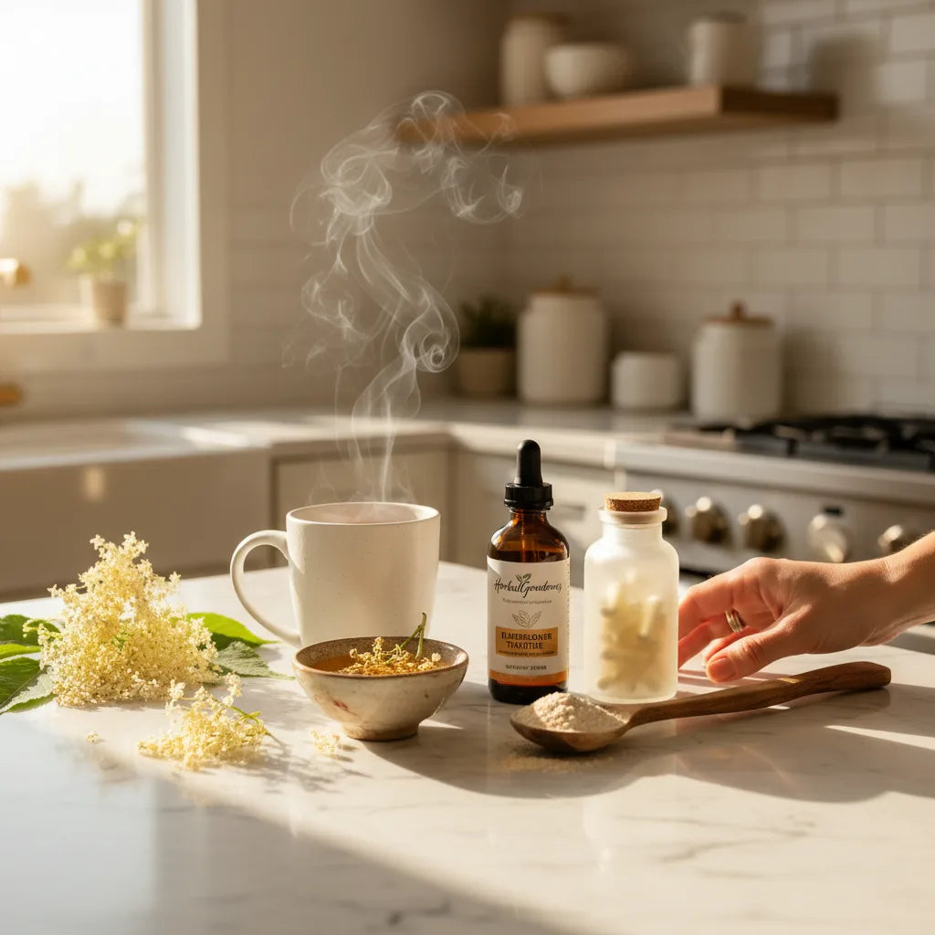 Kitchen counter with various elderflower products