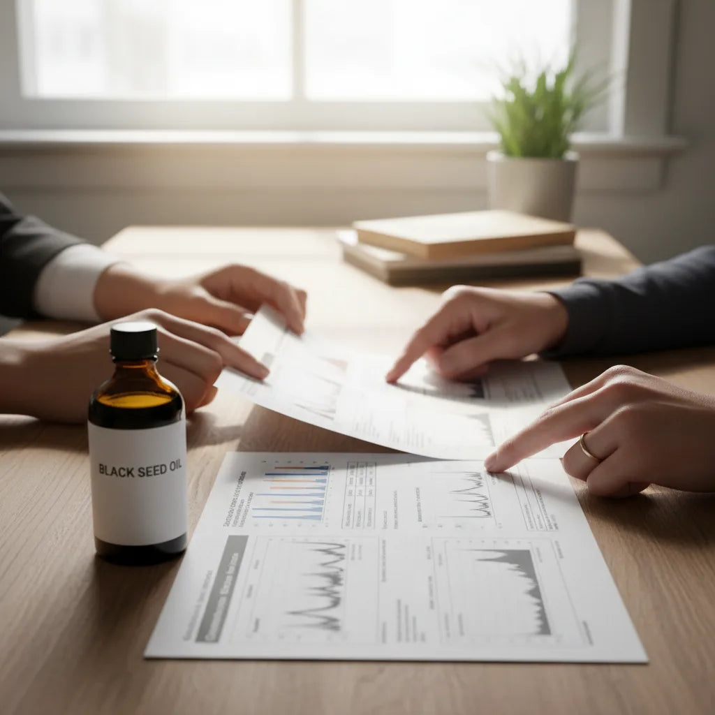 Hands examine black seed oil lab reports