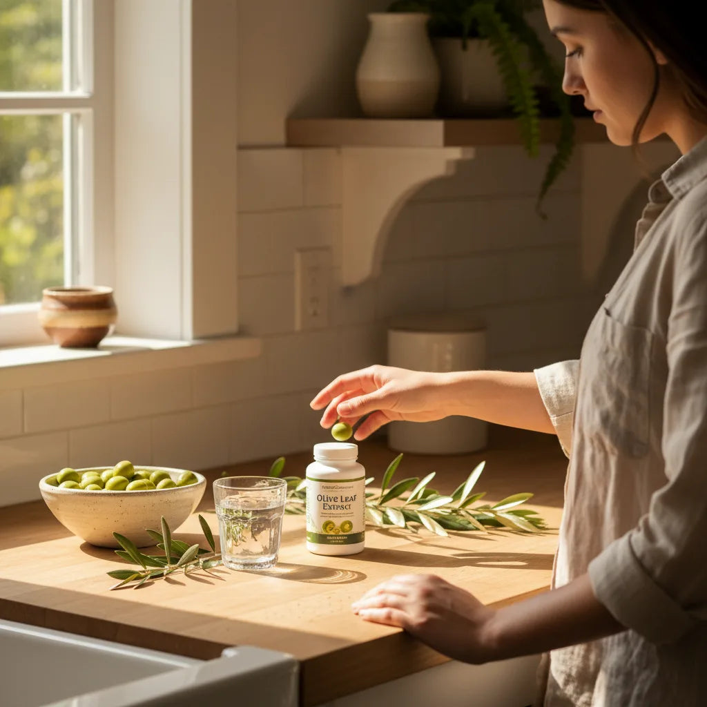 Person reaching for olive extract supplement
