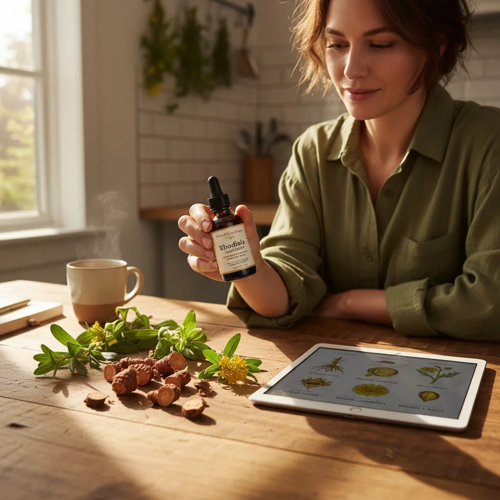 Person examines herbal extract label at table