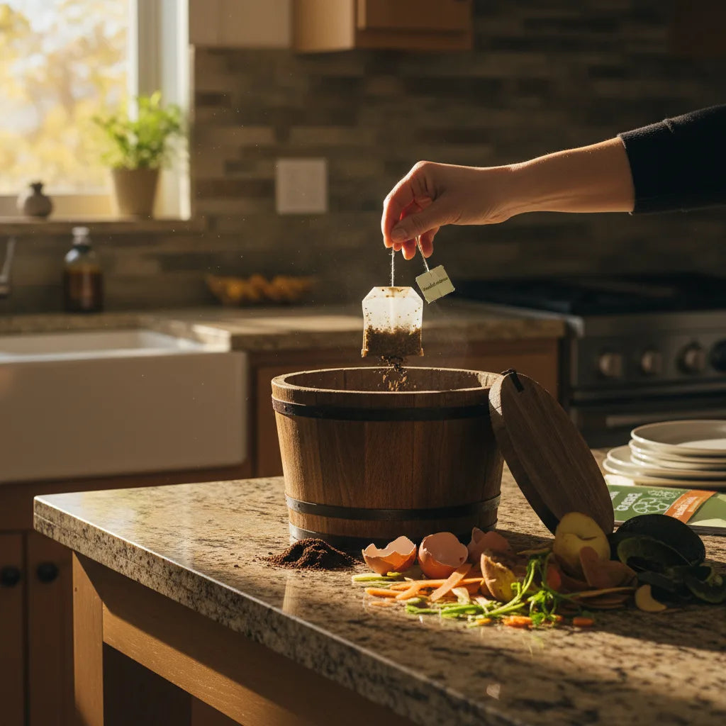 Hand composting bamboo leaf tea bags