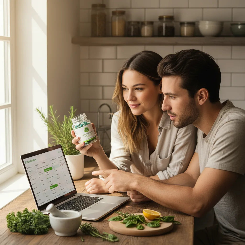 Couple researching detox supplements at kitchen counter