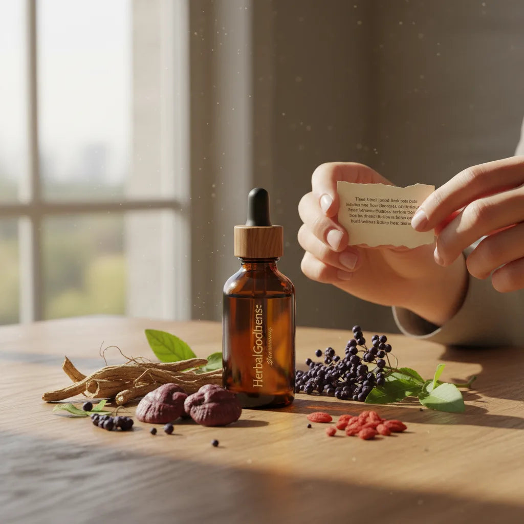 Hands examine herbal drops and ingredients closely