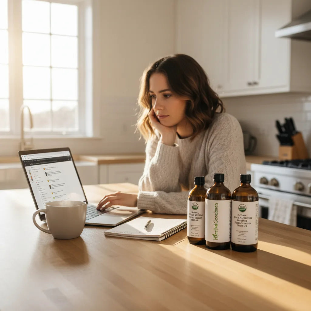 Woman comparing black cumin oil online reviews