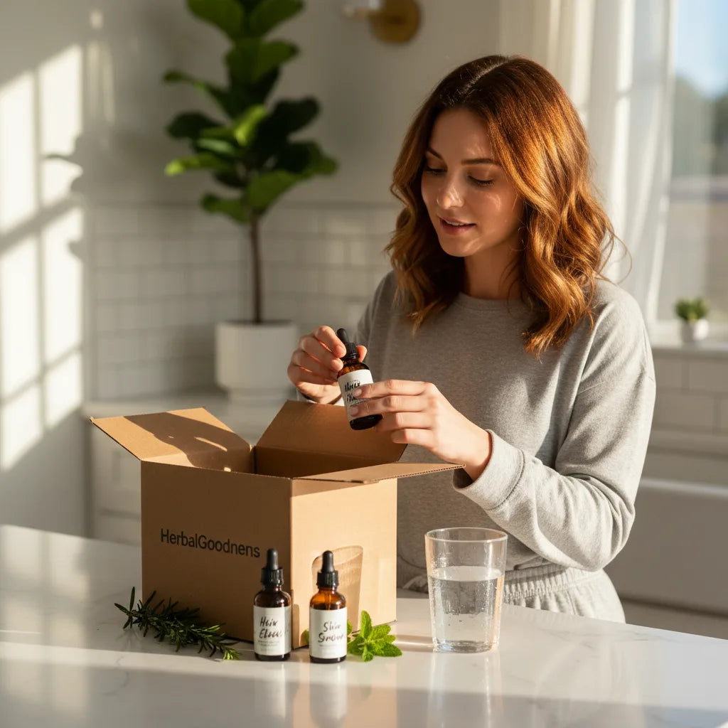 Opening HerbalGoodness bundle in morning kitchen
