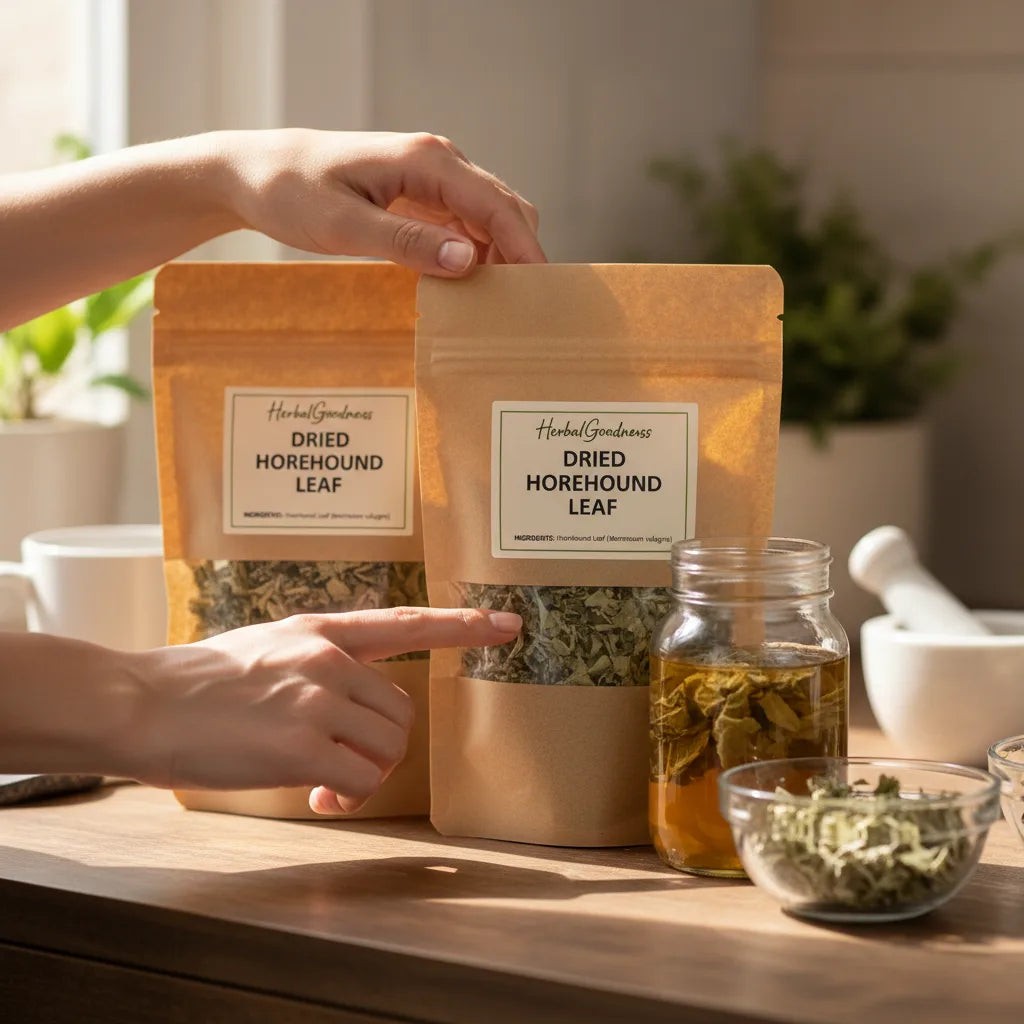 Hands examining Horehound leaf label in kitchen