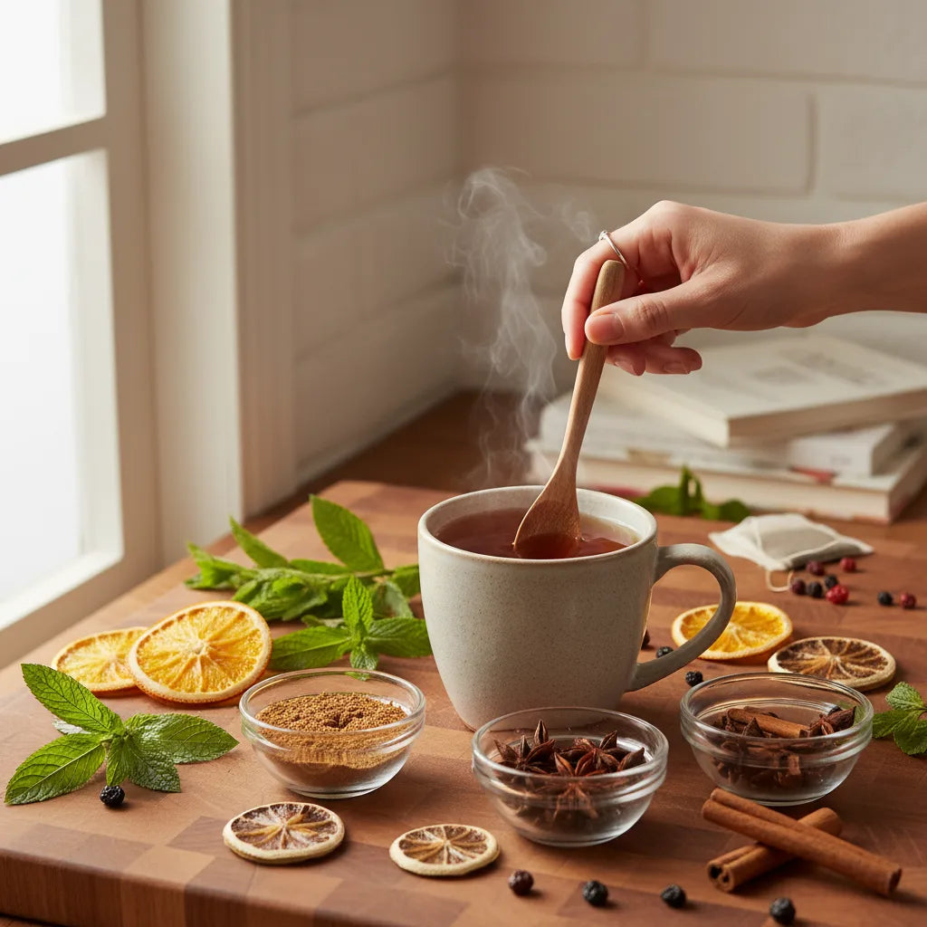 Hand blending gymnema tea with herbs
