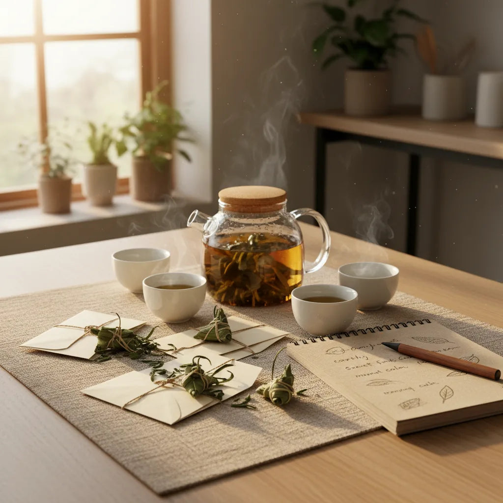 Mail-delivered bamboo leaf tea tasting setup