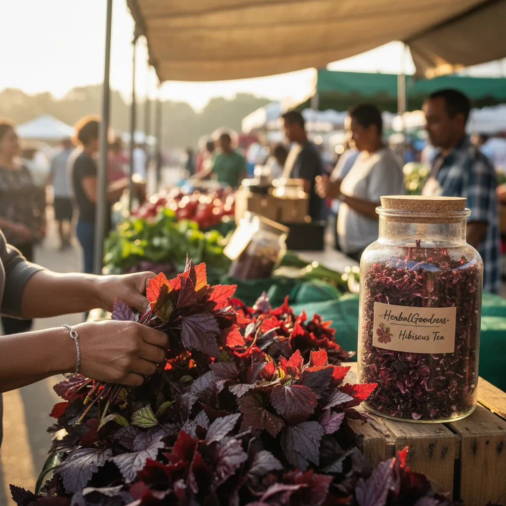 Shopper examining fresh hibiscus leaves at market