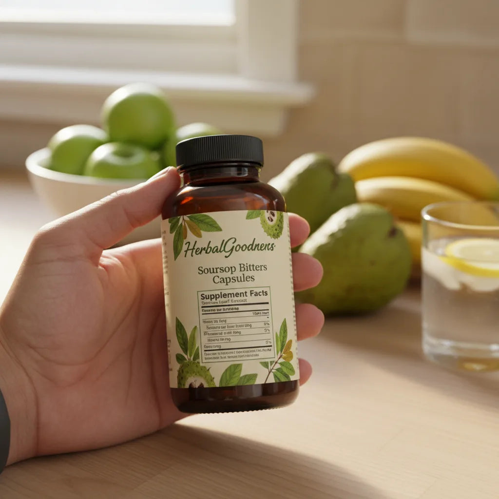 Hand examining soursop bitters capsule label