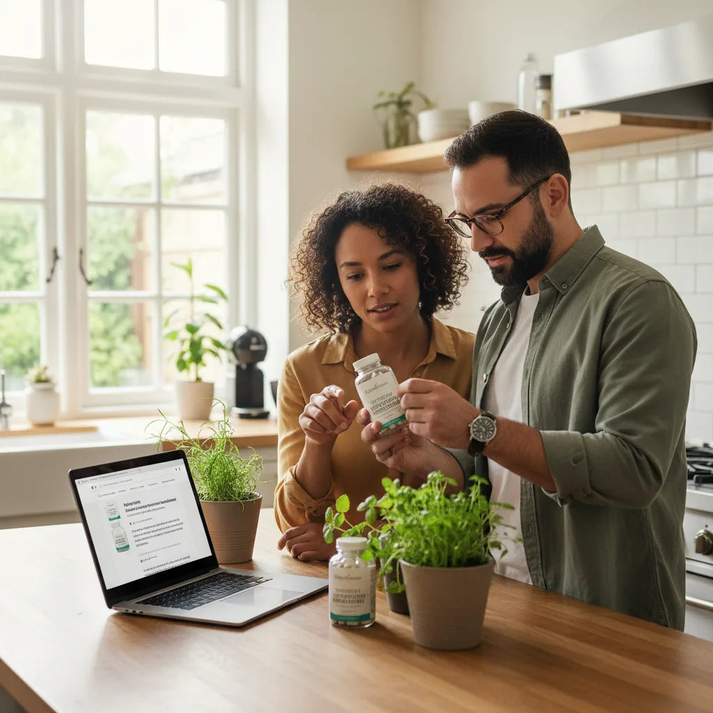 Couple examining supplement in sunlit kitchen