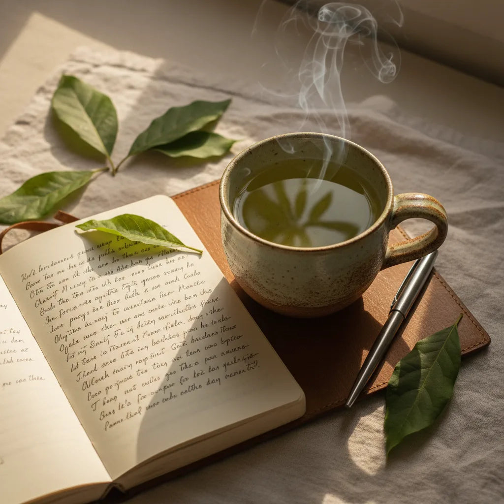 Avocado leaf tea alongside handwritten taste journal