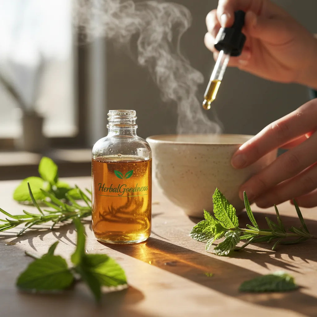 Concentrated herbal liquid preparation in sunlit bathroom