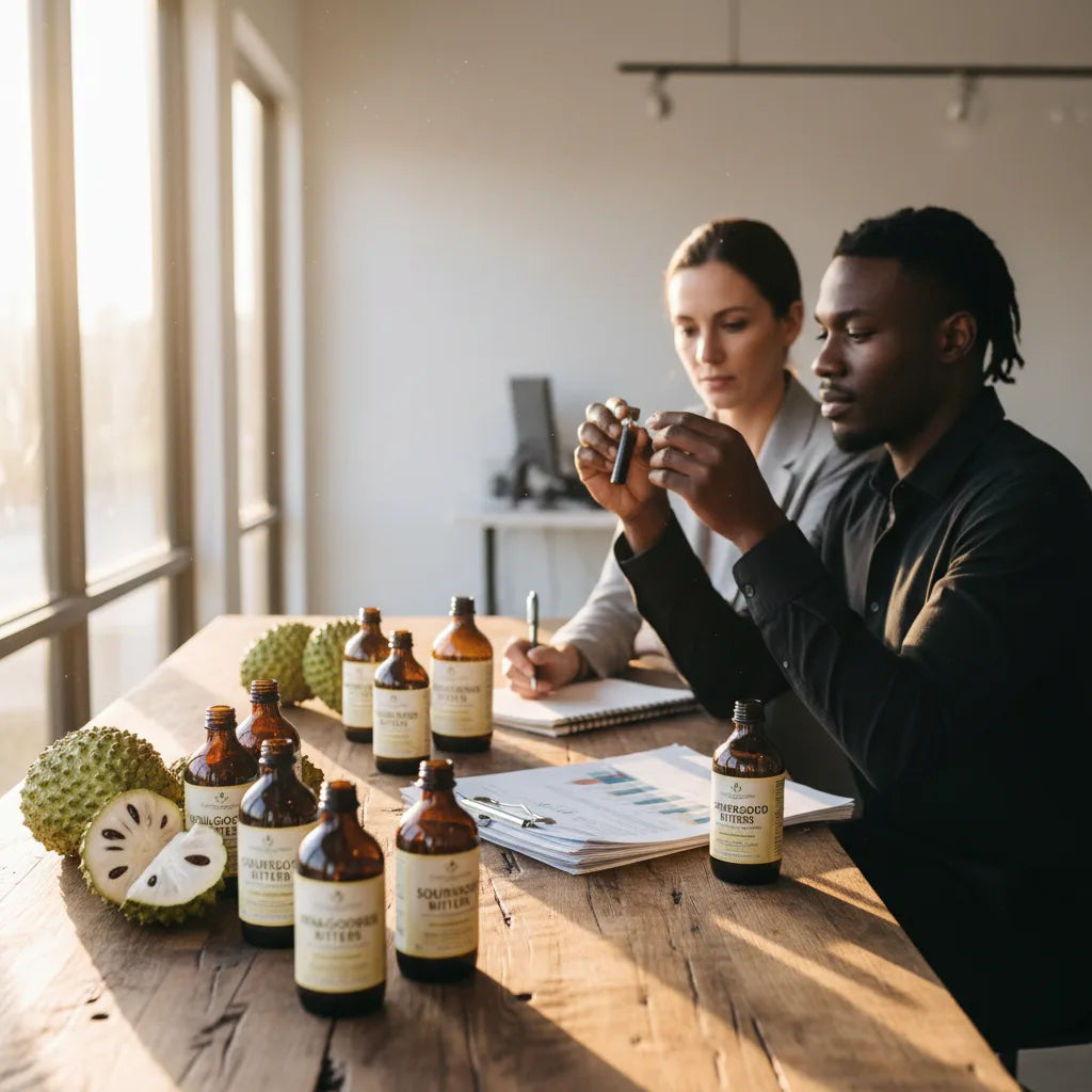 Business owners compare soursop bitters samples.
