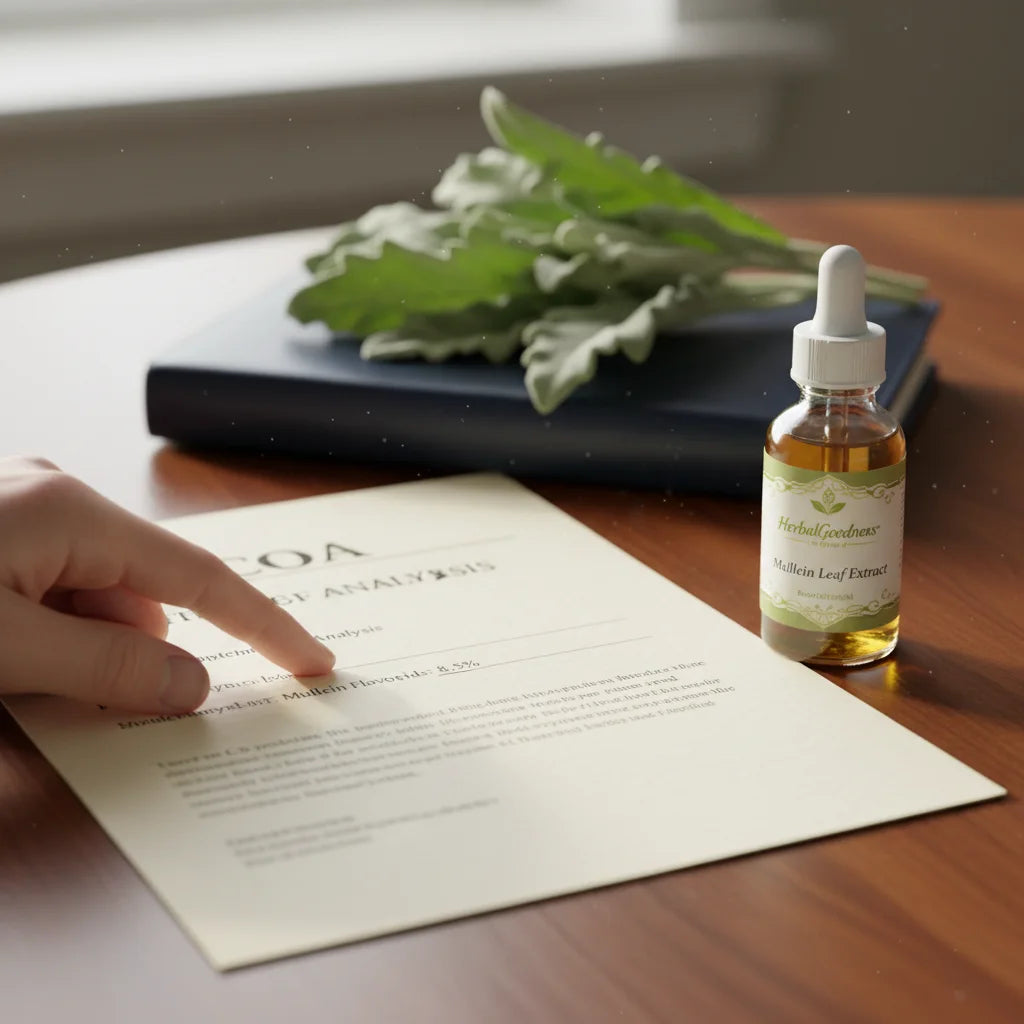 Hand reviews mullein extract COA document