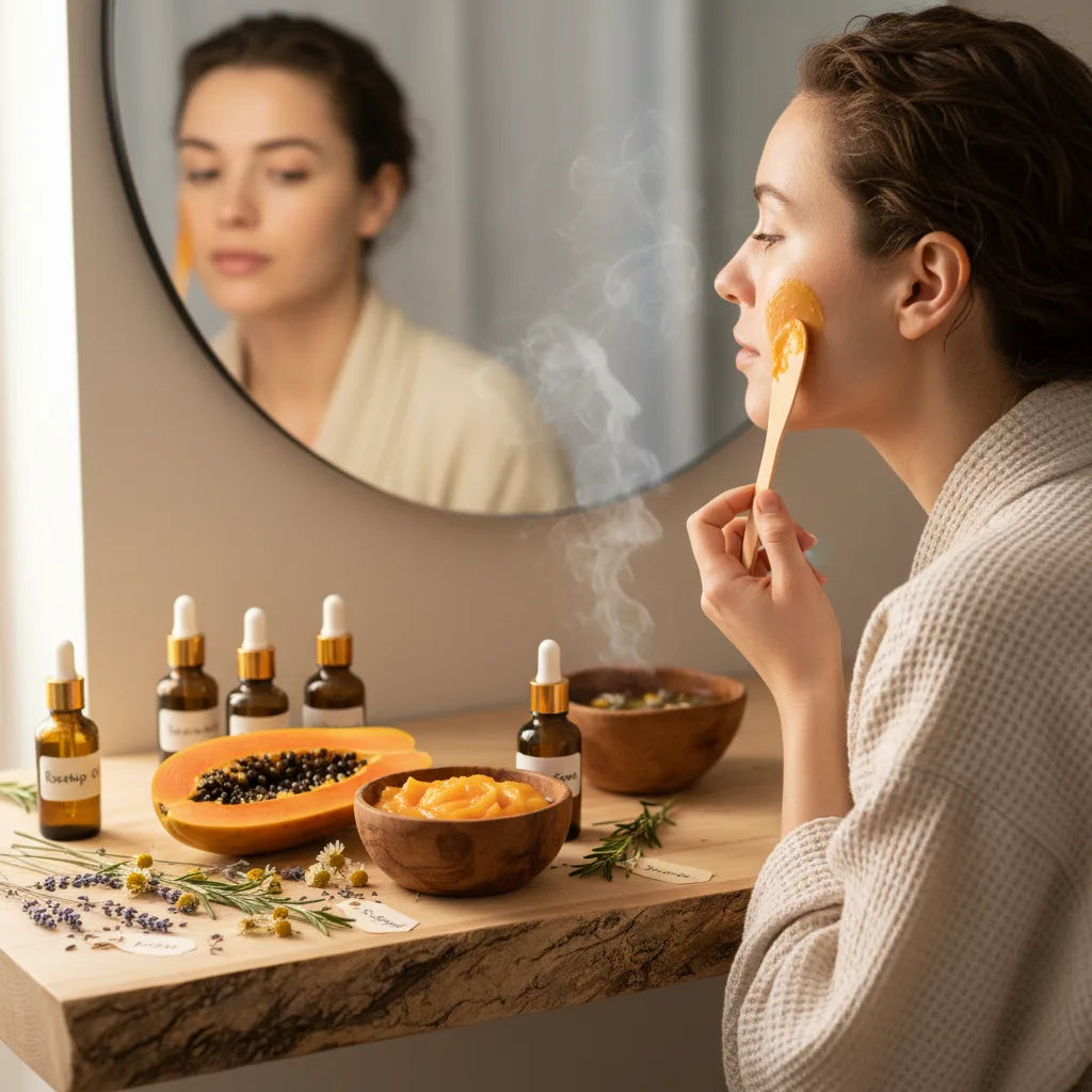 Woman applying fresh papaya face mask
