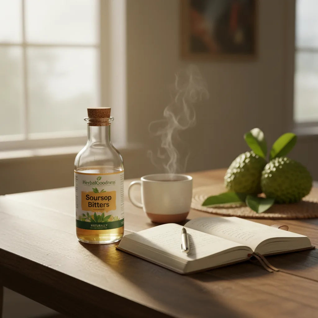 Soursop bitters and journal in morning light